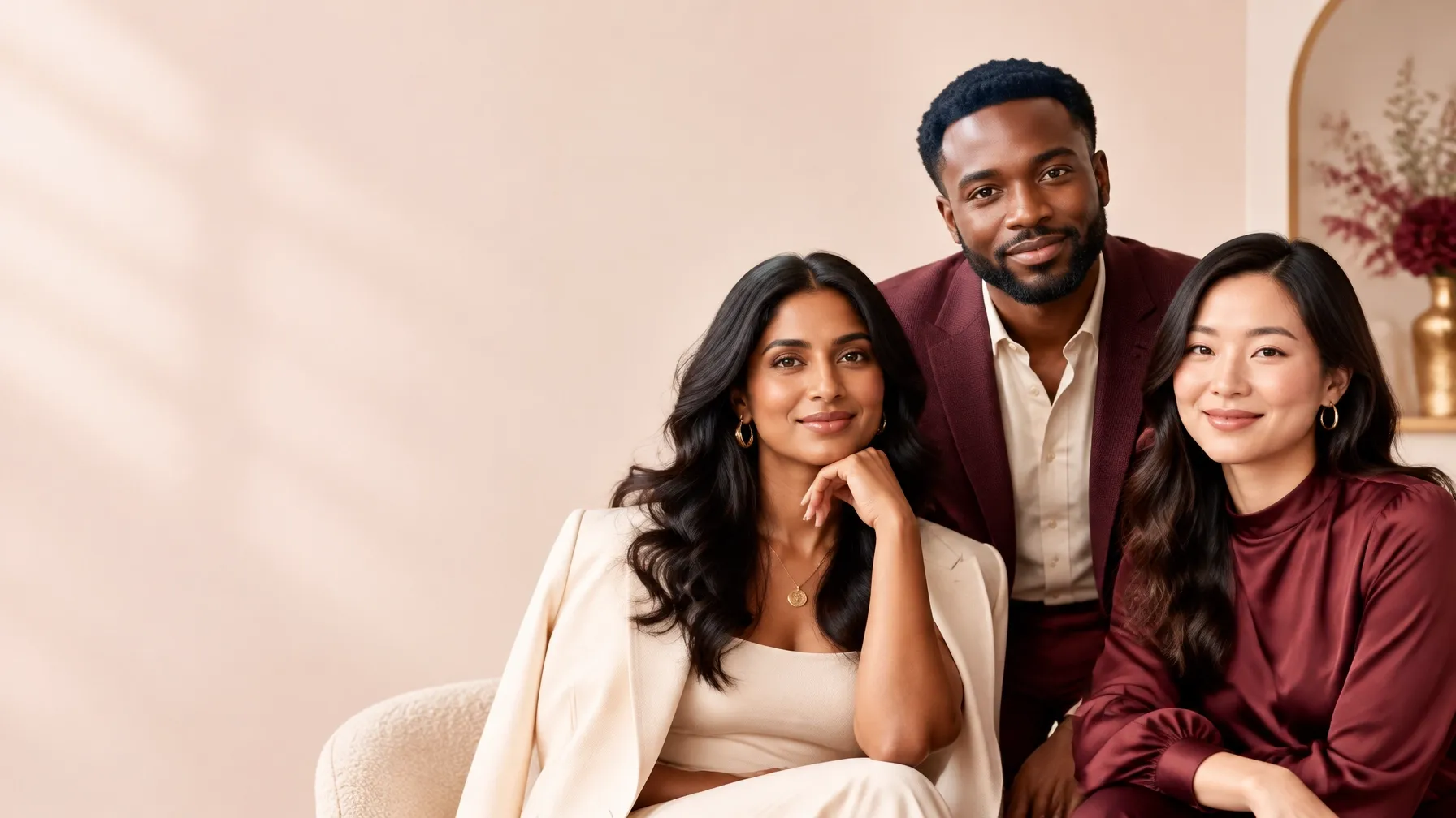 Three multicultural founders together in a warm, editorial studio portrait
